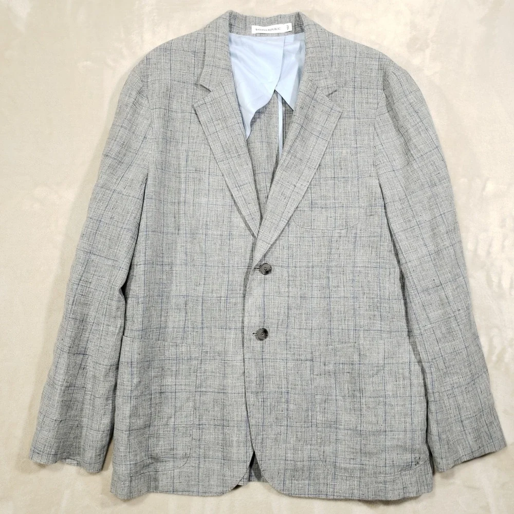 Banana Republic Linen Jacket Mens 42 Regular Gray Plaid Blazer 674506-00 Summer